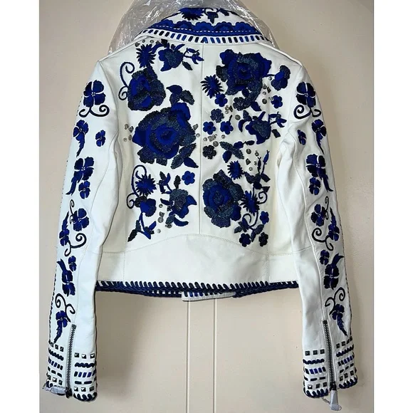 Alice + Olivia Cody Embroidered Floral Embellished Leather Moto Jacket - Picture 9 of 16